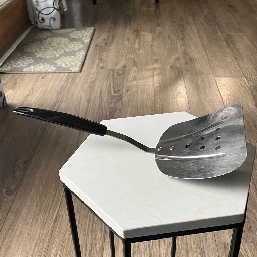 Vintage Stainless Steel Spatula, Curved Slotted, 5.5 Inches Wide, 11 Inches Long